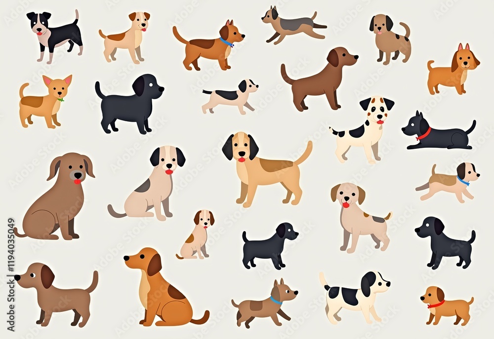 Fototapeta premium カラフルな犬たちの楽しいイラスト：シンプルなラインで描かれた高解像度のかわいい犬たちがグレーの背景に配置されています 