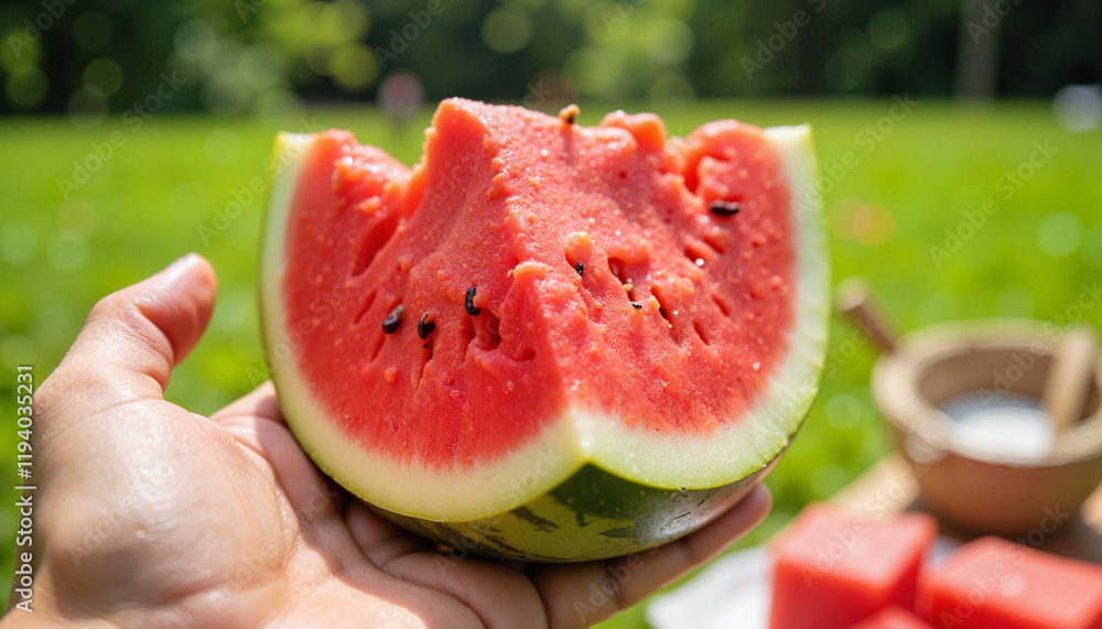Hand holding ripe watermelon slice in sunny outdoor setting Hand holding ripe watermelon slice in sunny outdoor setting