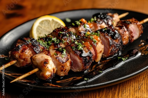 Grilled chicken skewers, restaurant, wood table, glaze, lemon photo