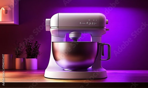 White stand mixer with copper bowl on kitchen counter under purple light.