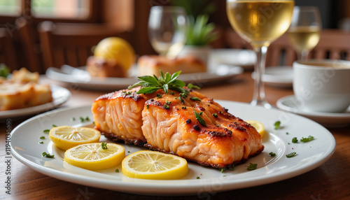 Grilled salmon fillet with lemon slices on wooden table