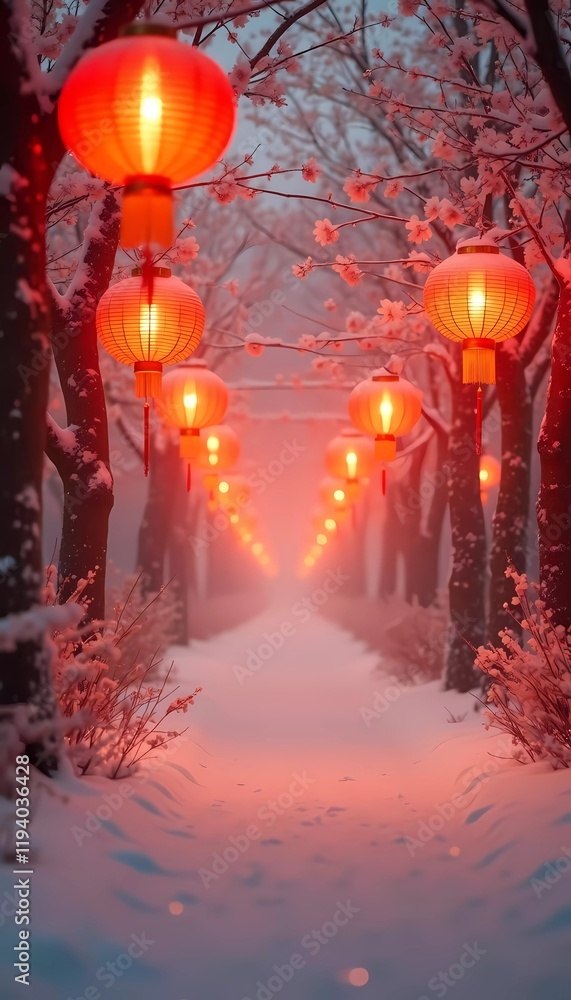The red lanterns glow softly among the snow-covered trees, casting a magical light over the quiet winter landscape The red lanterns glow softly among the snow-covered trees, casting a magical light over the quiet winter landscape