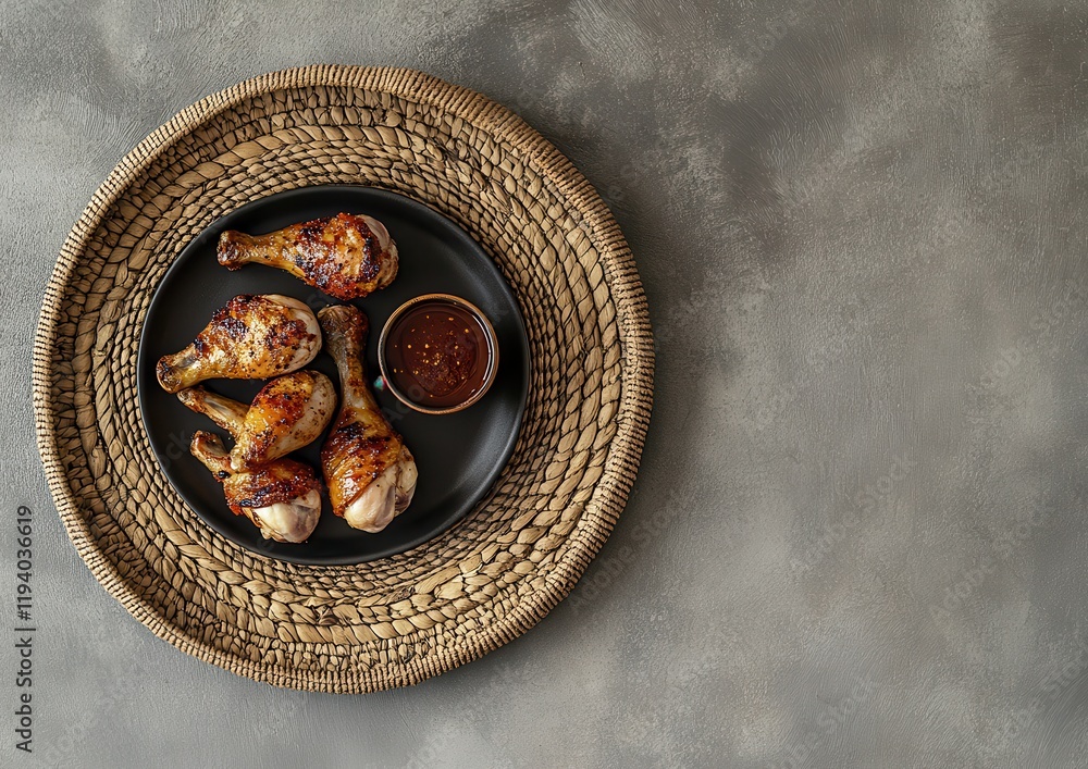 Grilled chicken drumsticks, sauce, rattan tray, grey background, food photography Grilled chicken drumsticks, sauce, rattan tray, grey background, food photography