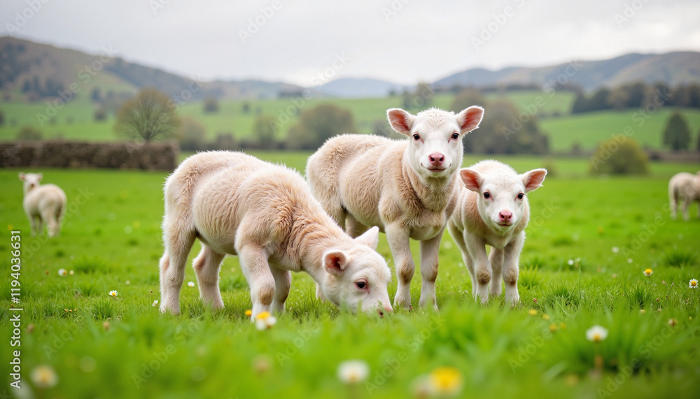 Three playful lambs grazing in green pasture Three playful lambs grazing in green pasture