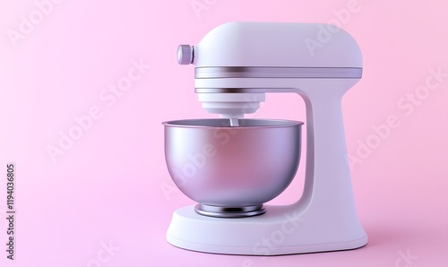 White stand mixer with metallic bowl on pink background.