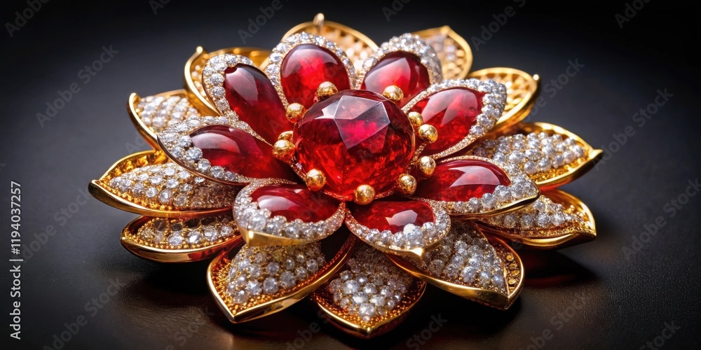 Naklejka premium A radiant floral brooch, its golden petals adorned with shimmering diamonds and a vibrant ruby centerpiece, reflects a captivating brilliance.