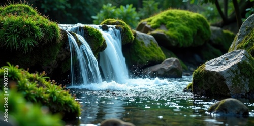 Waterfall with wet rocks and moss covering the surface, wet rock, greenery, algal growth