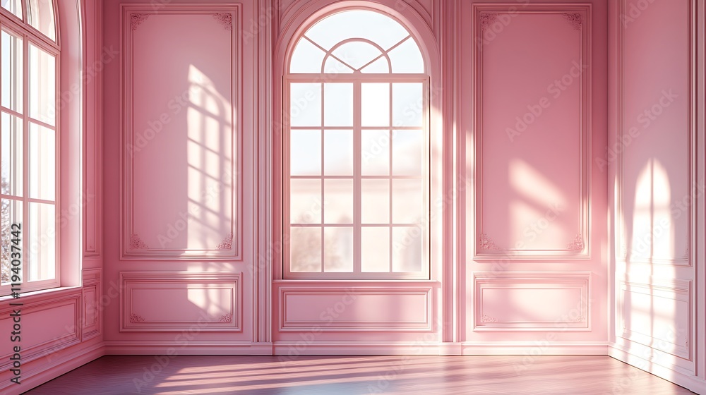 Obraz premium A serene room with soft pastel-colored walls in blush pink, featuring a single ornate antique window framed with delicate woodwork, natural light streaming in and casting subtle shadows,