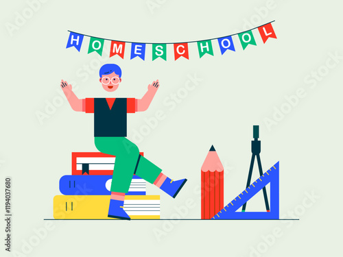 Student studying online. Homeschooling illustrations. Flat vector illustrations