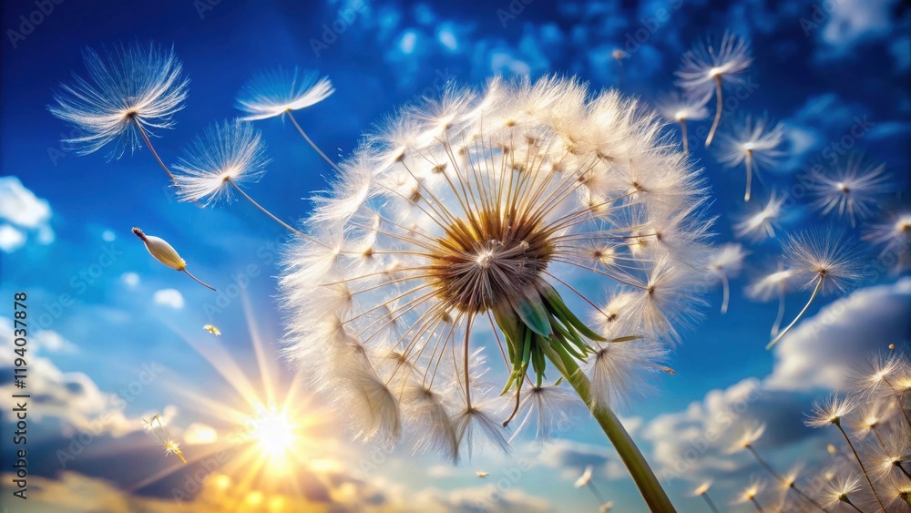 A dandelion's delicate seeds take flight, carried by the gentle wind, their white plumes a testament to nature's ephemeral beauty, against a backdrop of a brilliant blue sky and golden sun. A dandelion's delicate seeds take flight, carried by the gentle wind, their white plumes a testament to nature's ephemeral beauty, against a backdrop of a brilliant blue sky and golden sun.