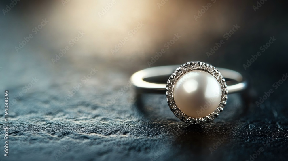 Elegant pearl ring on dark stone, soft background, jewelry advert Elegant pearl ring on dark stone, soft background, jewelry advert