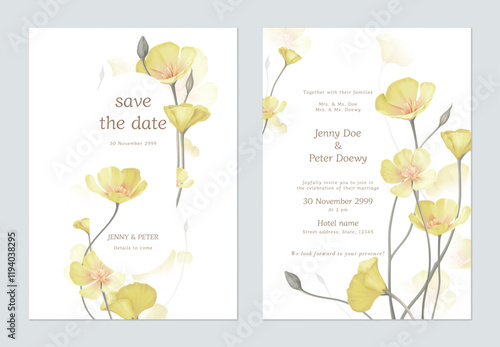 Save the date and wedding invitation template set of delicate yellow California Poppy flowers on a white background, creating a delicate and romantic feel