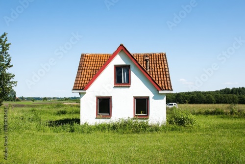 Wallpaper Mural White house with red roof stands alone in a lush green field under a clear blue sky during daytime Torontodigital.ca