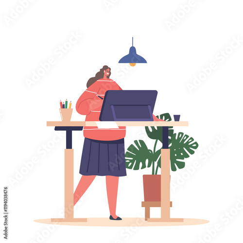 Young Female Character Graphic Designer Standing At Desk Using Tablet for Making Sketches at Workplace