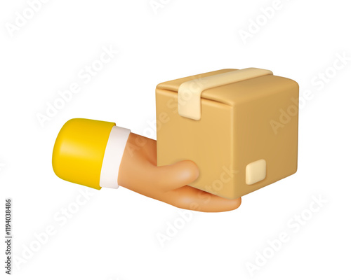 Hand with cardboard box delivery vector 3d cartoon icon. Character arm giving package order isolated on white background. Courier service illustration