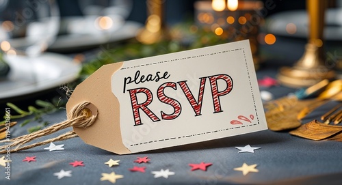 please rsvp handwritten on paper tag at table background