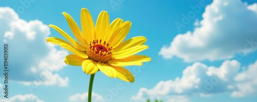 Yellow petals and red stamens against blue sky background, Xerochrysum, cloudy, stamen photo