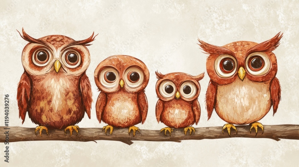 Obraz premium A charming illustration of four owls perched on a branch, showcasing their unique features.