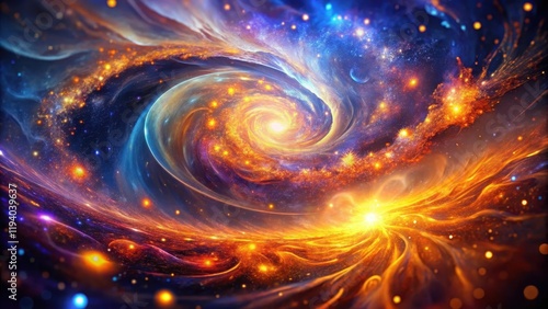 A swirling celestial tapestry of luminescent orange and blue hues, an intricate dance of cosmic energy, forming a vibrant vortex of stardust and light. photo