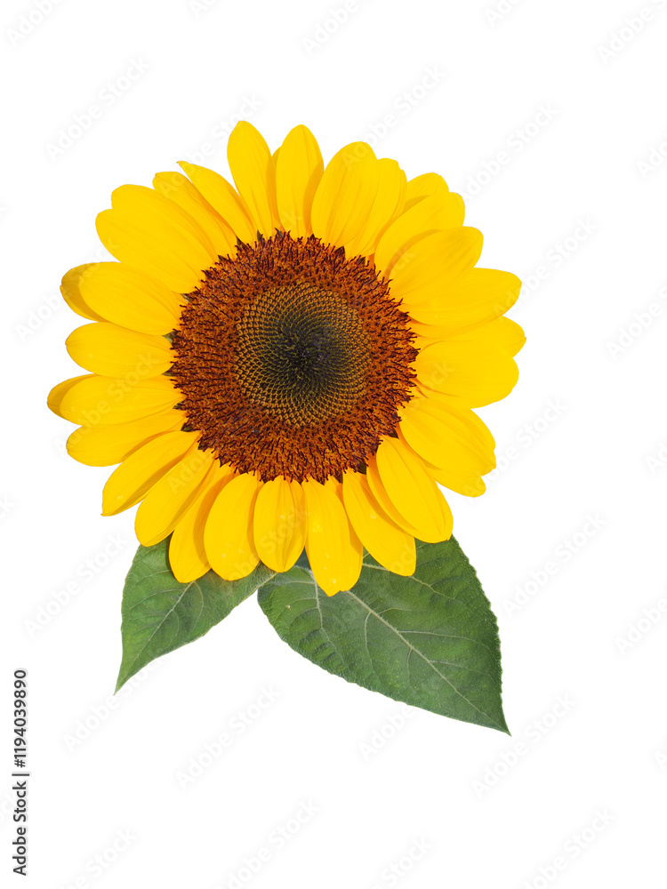Obraz premium Sunflower with Two Leaves: A vibrant sunflower in full bloom with two lush green leaves, isolated against a backdrop, showcasing the radiant beauty and delicate details of this iconic flower.