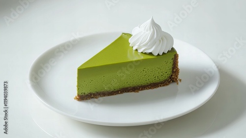 A perfect slice of matcha cheesecake paired with delicate whipped cream, displayed elegantly on a white minimalist background.