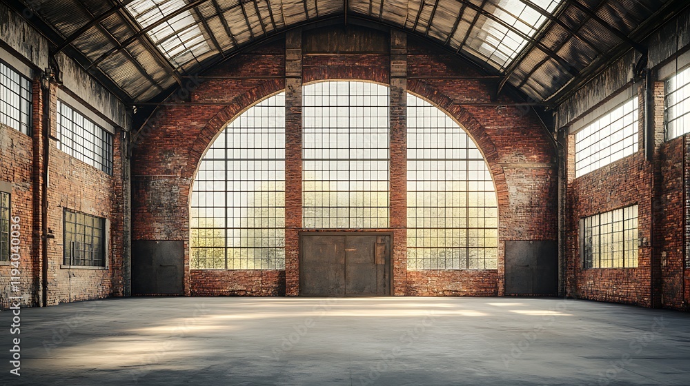 A spacious warehouse with high ceilings, large arched windows letting in soft light, distressed brick walls, and a raw industrial vibe, capturing the charm of urban decay, hd quality, A spacious warehouse with high ceilings, large arched windows letting in soft light, distressed brick walls, and a raw industrial vibe, capturing the charm of urban decay, hd quality,