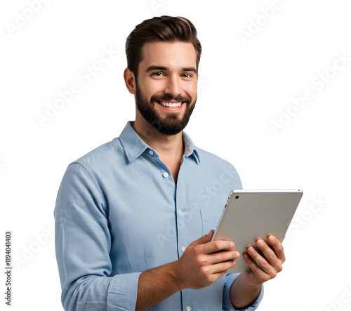 Portrait of handsome smiling man using a tablet computer. photo