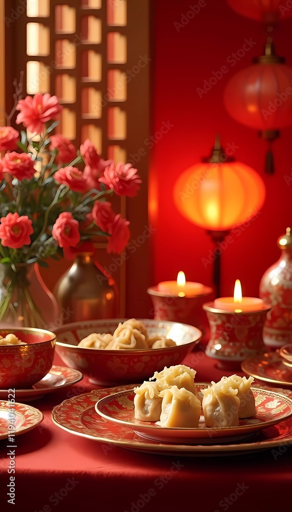 Naklejka premium A beautifully decorated dining table for a Chinese New Year celebration, featuring an assortment of festive foods, red and gold decorations, and glowing lanterns in the background