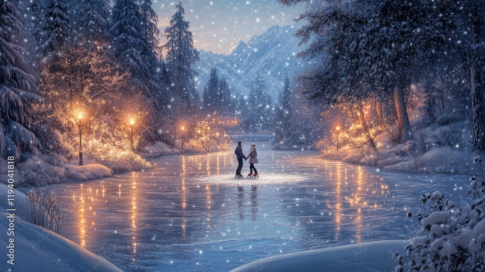Obraz premium Romantic Winter Wonderland: A Couple Ice Skating on a Frozen Lake