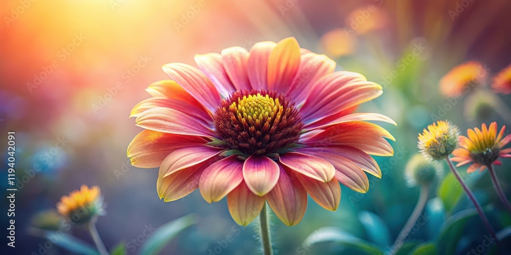 Obraz premium A delicate bloom, bathed in golden light, opens its petals to the warmth of the day, surrounded by verdant foliage and the promise of summer