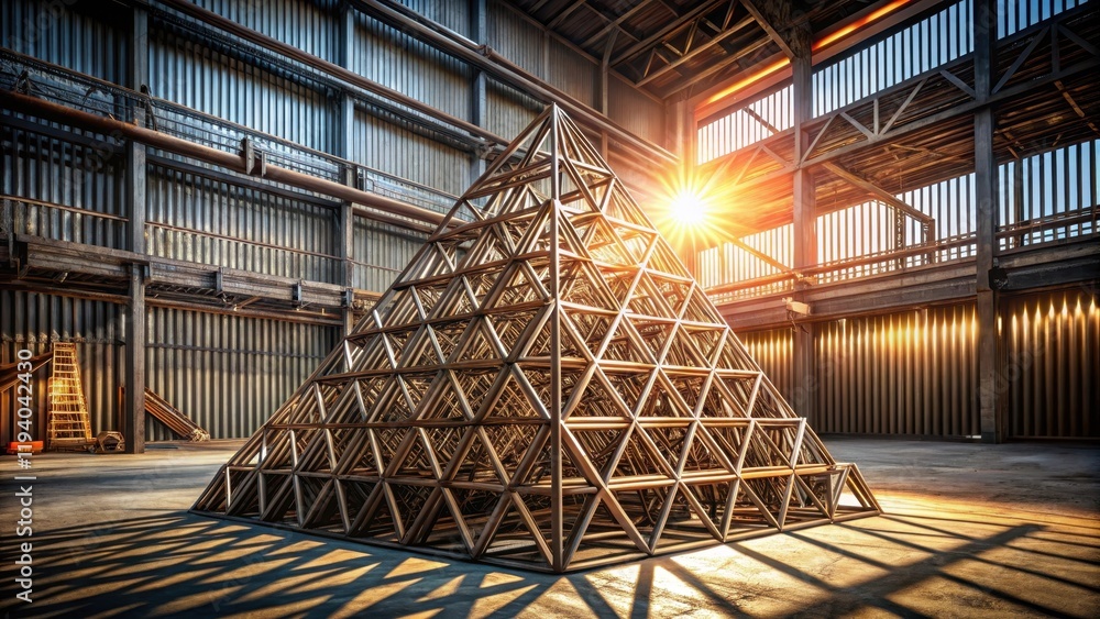 Obraz premium A geometric metal pyramid stands tall in a sunlit industrial space, its intricate structure casting long shadows on the concrete floor.