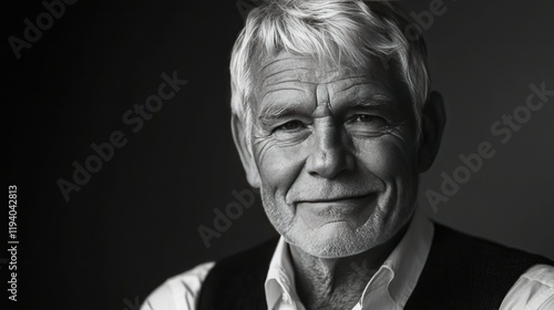 A classic black-and-white portrait of an elderly man with silver hair, wearing a crisp white shirt and a dark vest. 