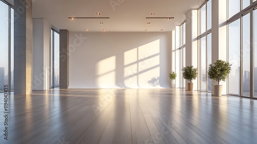 An empty photography studio with seamless white backdrops extending smoothly to the floor, soft diffused lighting creating even illumination, minimalist and professional setting,
