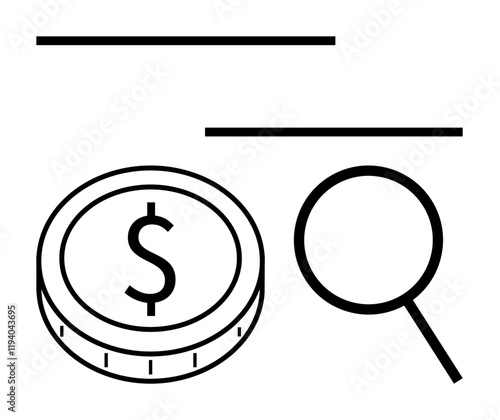 Magnifying glass near dollar coin emphasizes financial analysis and economic evaluation. Ideal for finance, economy, audits, investments, budgeting, taxes, savings concepts. Abstract line flat