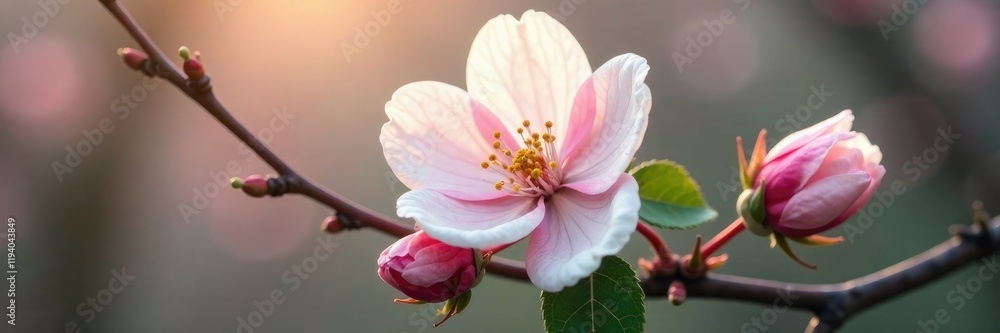 Delicate white petals unfolding on a dogrose branch, pinkish hue, blossom Delicate white petals unfolding on a dogrose branch, pinkish hue, blossom