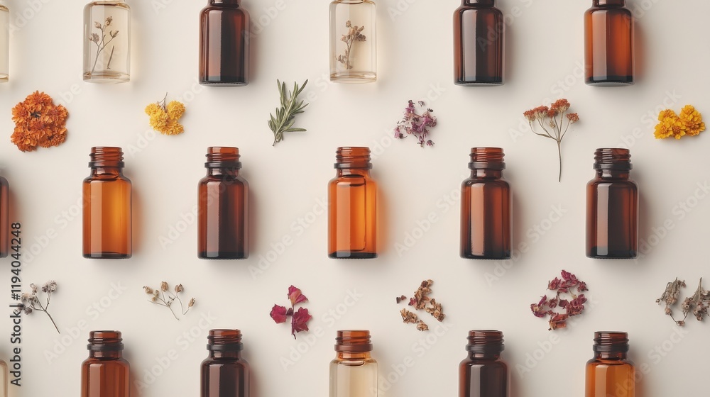 Collection of Amber Glass Bottles with Dried Flowers for Aromatherapy and Essential Oils Collection of Amber Glass Bottles with Dried Flowers for Aromatherapy and Essential Oils