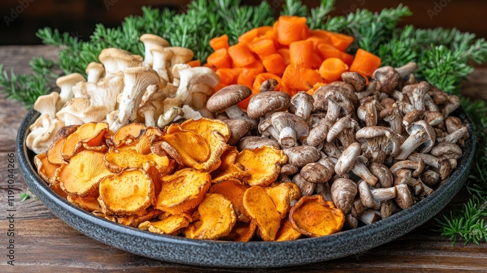 Fototapeta premium Fresh Assorted Vegetables and Mushrooms on Rustic Wooden Table