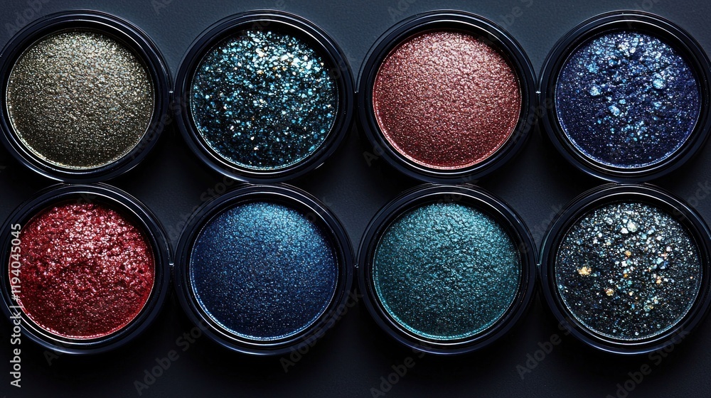 Shiny eyeshadows in pans, top view. Shiny eyeshadows in pans, top view.