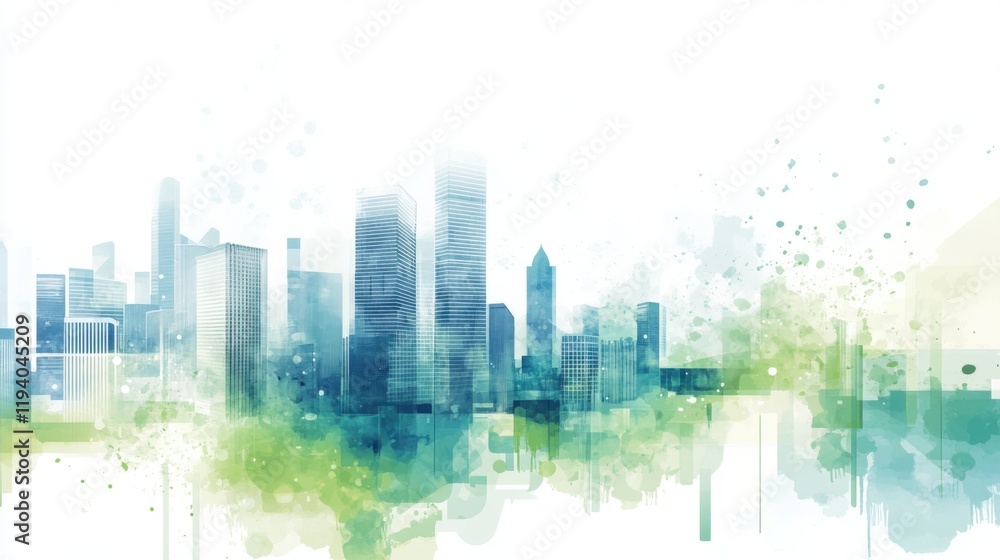Obraz premium Abstract City Skyline in Watercolor Style Featuring Shades of Blue and Green, Perfect for Business and Inspirational Themes