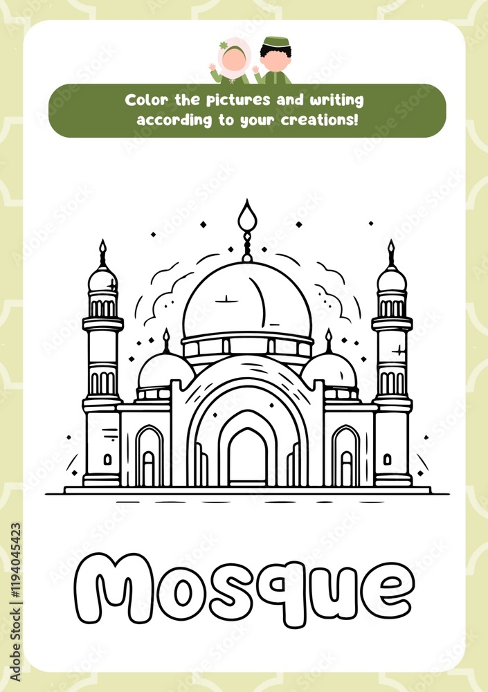 Fototapeta premium Ramadan theme coloring page. Children's coloring book, fun and educational material for kindergarten. Mosque coloring.