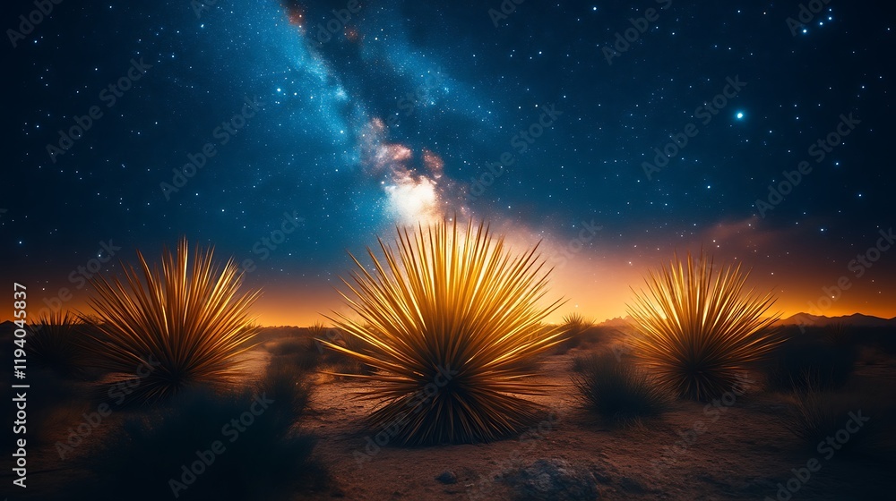 Desert Plants Illuminated by Night Sky and Milky Way Desert Plants Illuminated by Night Sky and Milky Way