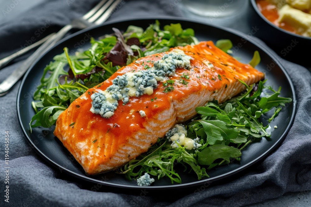 Baked Salmon, Blue Cheese, Salad, Dinner, Table Baked Salmon, Blue Cheese, Salad, Dinner, Table
