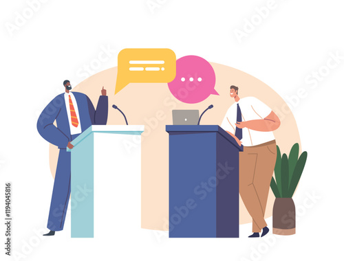 Concept Of Political Debate, Election With Two Candidates Behind Their Desks Fighting For Leadership Vector Illustration