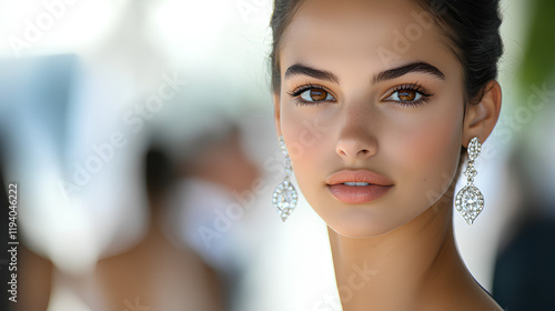 most beautiful woman in the world, a supermodel with a sleek updo hairstyle and big brown eyes, was spotted at Paris Fashion Week wearing diamond earrings and a white dress. photo