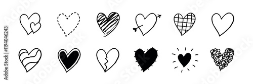 Collection of red heart doodles. Various heart designs include wings, love text, and speech bubbles. Bla heart doodles for creative projects and love themes. Cute hand drawn love doodle, set. Vectors.