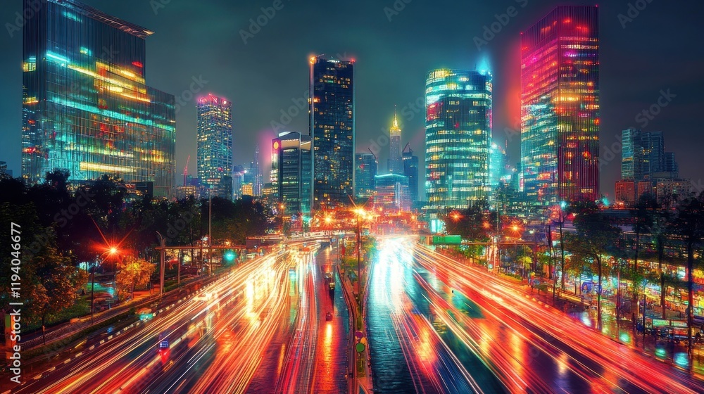 Fototapeta premium Night cityscape, highway traffic streaks, vibrant buildings, advertising