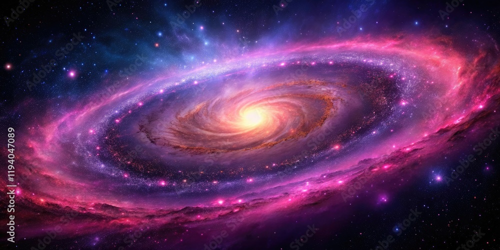 A breathtaking panoramic view of a spiral galaxy with vibrant pink and purple hues, surrounded by a delicate network of galaxy clusters, celestial, universe, galaxy cluster A breathtaking panoramic view of a spiral galaxy with vibrant pink and purple hues, surrounded by a delicate network of galaxy clusters, celestial, universe, galaxy cluster
