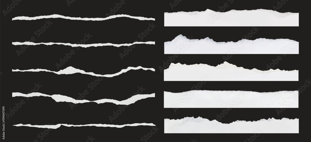 Set of torn paper edges on black background. Torn paper texture, torn paper strips, torn paper lines. Perfect for design projects, scrapbooking, and crafts. Ripped element set. Vectors. Set of torn paper edges on black background. Torn paper texture, torn paper strips, torn paper lines. Perfect for design projects, scrapbooking, and crafts. Ripped element set. Vectors.