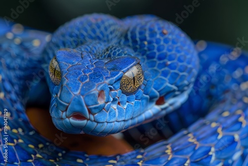 Blue viper snake closeup face, Blue viper snake on branch, viper snake, blue insularis, Trimeresurus Insularis photo