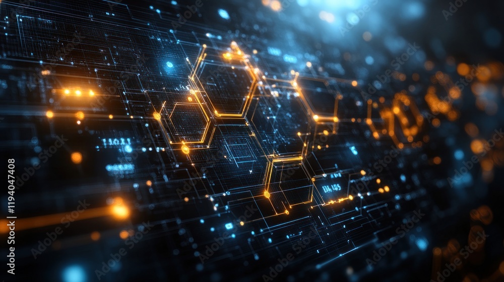 Fototapeta premium Futuristic Digital Circuitry with Glowing Hexagons and High-Tech Background